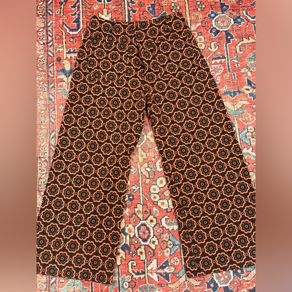 Anthropologie Black and Orange Floral-Motif Wide-Leg Pants
